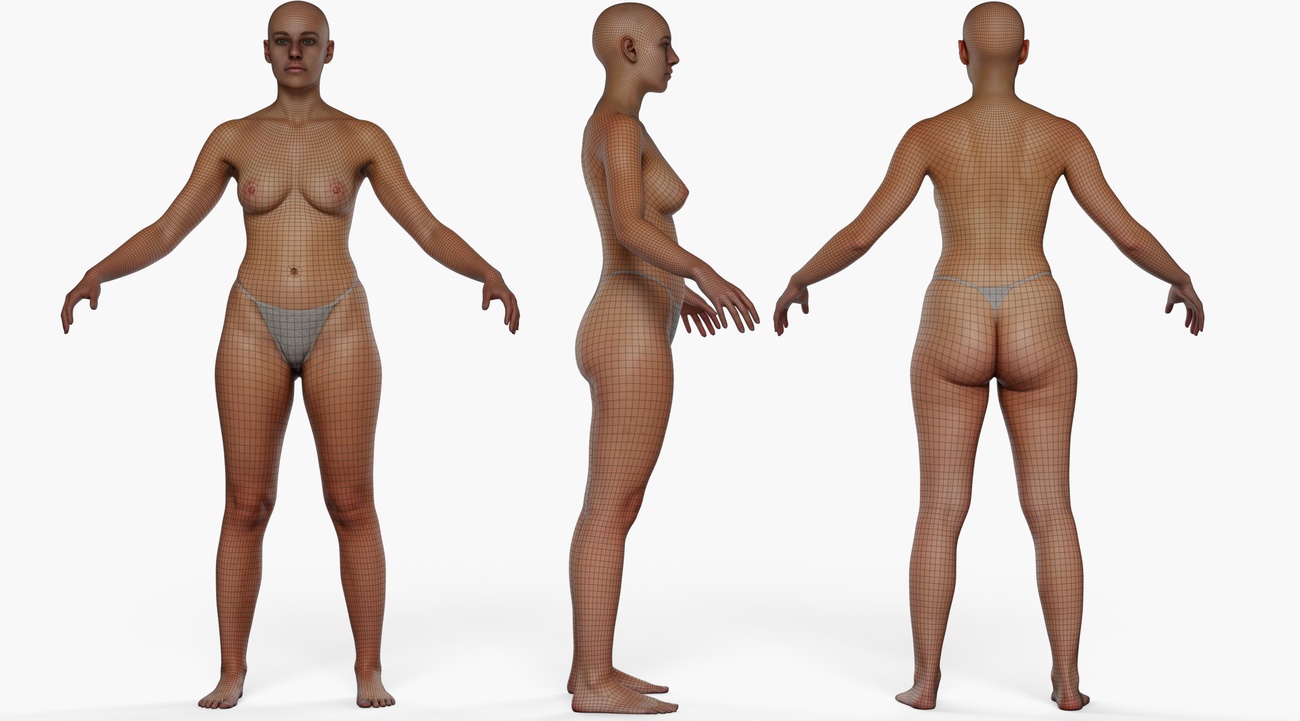Wireframe topology overlay of a female 3D body scan showing clean quad mesh edge loops